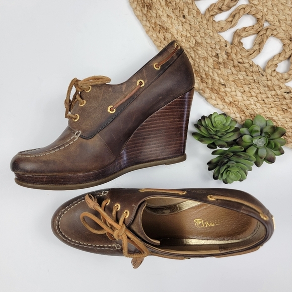 Sperry Top-Sider Seabourn Distressed Brown Oiled Leather Lace-up Wedge Size 9.5 - Picture 4 of 13